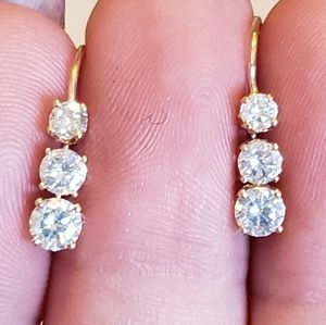 1CT Diamond 3 Stone Yellow Gold Leverback French Hook Earrings w appraisal